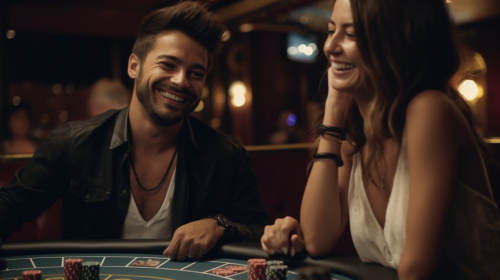 a couple playing blackjack in the casino